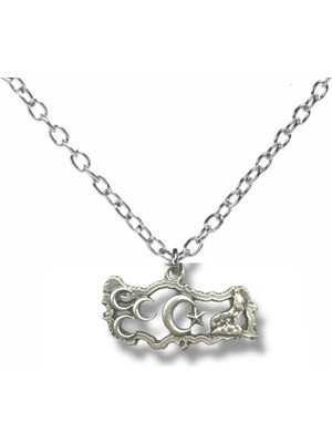 Üç Hilal Ay Yıldız Bozkurt ve Türkiye Haritası Figürlü Gümüş Renk Unisex Kolye –türk Motifli Tasarım