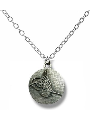 Osmanlı Tuğrası Figürlü Unisex Kolye – Gümüş Renk 60 cm Zincirli Metal Tasarım