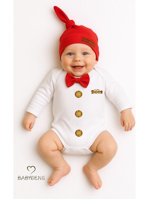 Babyden's Minik Patron Erkek Bebek Uzun Kollu Çıtçıtlı Body ve Bere Seti Düğme Baskılı, Papyonlu %100 Pamuklu