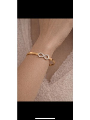 Tugrada 316 L 24 K Pırlanta Taş Süslemeli  Sonsuzluk Sembollü Çelik Bileklik Çap.4.5 cm