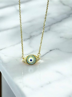 Herşey Nota Zirkon Taşlı Göz Figürlü Kadın Kolye – 55 cm Gold Renk Paslanmaz Çelik, Şık ve Anlamlı Tasarım