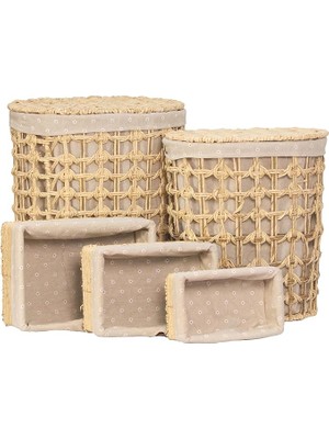 Wishora Store Home 5'li Hasır Çamaşır Sepeti Seti – 2 Adet Kapaklı Kirli Sepeti ve 3 Adet Organizer Sepet, Doğal Hasır El Örgüsü, Çamaşır, Oyuncak, Kıyafet ve Havlu Saklama (Geniş Örgü Oval Krem)