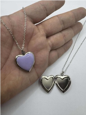 Lila Açılabilir Kapaklı Kalp Kolye 55 cm Zincirli, Metal Resimlik Kolye