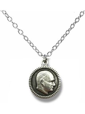 Atatürk Madalyon Figürlü Gümüş Renk Unisex Kolye –metal Zincirli Takı