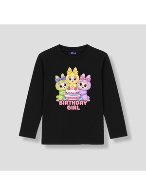 Mixxi Fashion Happy Birthday Canavar Baskılı Uzun Kollu Kız Çocuk Tişört (4-13 Yaş)