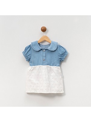 Overdo Kız Çocuk 1-4 Yaş Yaka Nakışlı Güpürlü Kot Elbise - Mavi