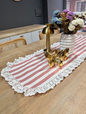 Nurgita Home Vintage Duck Keten Çizgili Pudra Desenli Runner (Pudra)