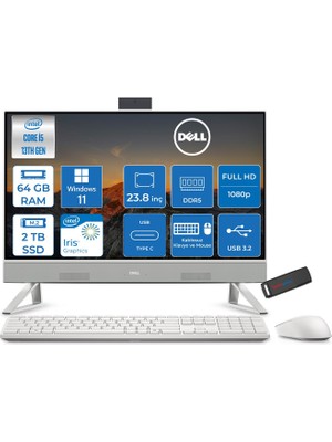 Dell 24 All-In-One Intel Core I5 1334U 4.6ghz 64GB Ddr5 2tb SSD Windows 11 Home Iris Xe Graphics 23.8 Inç Fullhd (1920X1080) Wva All In One Bilgisayar NTEC24250H29 + Zetta Flash Bellek