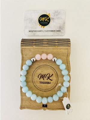 MK Tasarım Gerçek Mavi-Pembe Kuvars Taşı Bileklik | Mktasarım Özel Kutusunda | Mktasarım Müşteri Kartlı