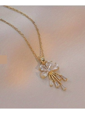 Herşey Nota Gold Kadın Taşlı Papatya Model Paslanmaz Çelik Kolye – 55 cm Zincir