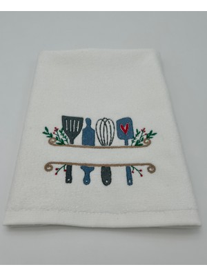 Premium Nakışlı Mutfak ve El Havlusu - %100 Pamuk - Mutfak Gereçleri Temalı Dekoratif Havlu