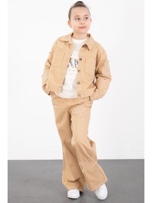 Cansın Mini Bej Kolları Star Taşlı Jean Ceketli Kız Çocuk 3lü Alt Üst Takım 23427