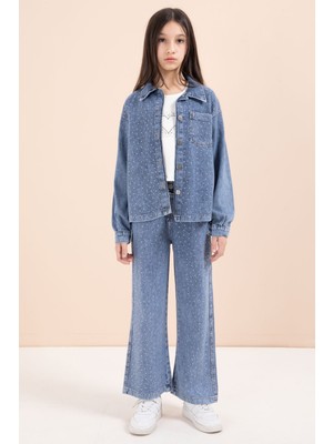 Cansın Mini Mavi Taşlı Jean Gömlekli Kız Çocuk Geniş Paça 3lü Jean Takım 23441