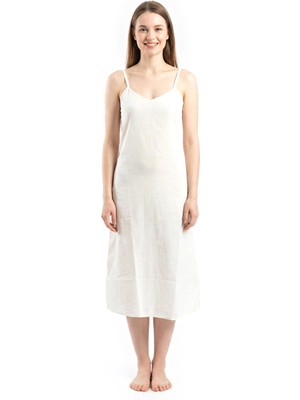 Eliş Şile Bezi Pamuk Şile Bezi Ayarlanabilir Ip Askılı Uzun Kombinezon V Yaka Uzun Elbise Iç Astarı Jüpon Krem Krm