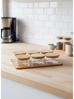 Rooc Home Bambu Kapaklı 6’lı borosilikat Cam Saklama Kabı Seti | Bambu Tepsili