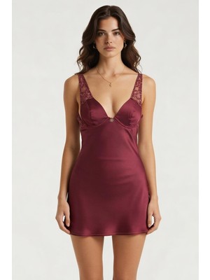 Feu De Elu Brigette Bordo Altın Detaylı Dantel Detaylı Saten Gecelik