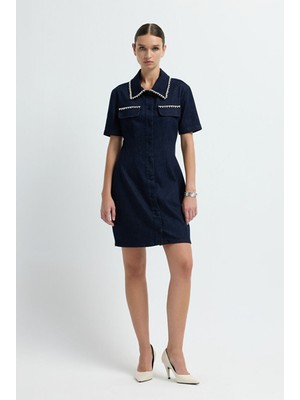 Adl Yakası ve Cepleri Taşlı Denim Elbise Lacivert 12445846000