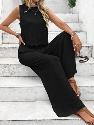 Janes Kadın Sıfır Kollu Bisiklet Yaka Arkadan Bağlamalı AER8BIN Bluz ve Pantolon Ikili Takım