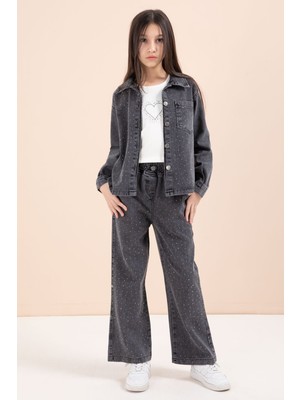 Cansın Mini Siyah Taşlı Jean Gömlekli Kız Çocuk Geniş Paça 3lü Jean Takım 23440