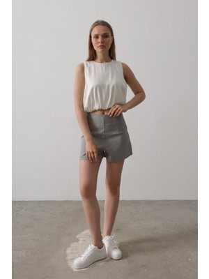 Janes Saten Kolsuz Belki Lastikli Bluz - Ekru