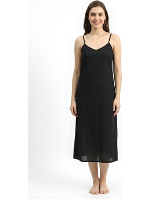 Eliş Şile Bezi Pamuk Şile Bezi Ayarlanabilir Ip Askılı Uzun Kombinezon V Yaka Uzun Elbise Iç Astarı Jüpon Siyah Syh