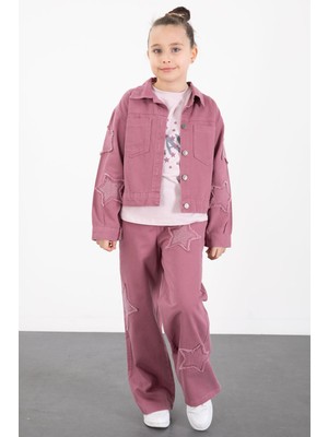 Cansın Mini Gül Kurusu Kolları Star Taşlı Jean Ceketli Kız Çocuk 3lü Alt Üst Takım 23428