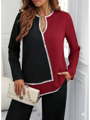 Janes Kadın Uzun Kollu V Yakalı Pul Payet Işlemeli Ithal Krep Bluz