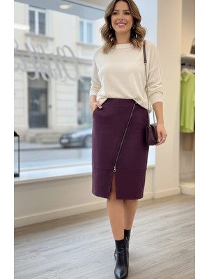 Mare Butik Fermuar Detaylı Nubuk Kalem Etek S - Mürdüm