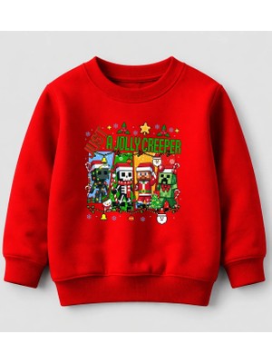 Efendioğlu Design Sweatshirt Just A Jolly Creeper Baskılı Yeni Yıl Yılbaşı 3 Iplik Şardonsuz Pamuklu Çocuk Sweatshirt