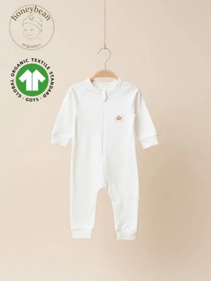 Eslenza Honeybean Gots Sertifikalı %100 Organik Pamuk Uzun Kollu Bebek Tulumu – Beyaz