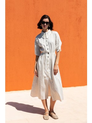 Kameya Yakası Püsküllü Çizgili Elbise 25S40748