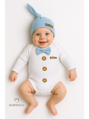 Babyden's Minik Patron Erkek Bebek Uzun Kollu Çıtçıtlı Body ve Bere Seti Düğme Baskılı, Papyonlu %100 Pamuklu