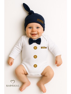 Babyden's Minik Patron Erkek Bebek Uzun Kollu Çıtçıtlı Body ve Bere Seti Düğme Baskılı, Papyonlu %100 Pamuklu