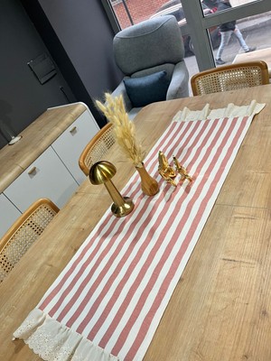 Nurgita Home Vintage Duck Keten Çizgili Ucu Fırfırlı Runner&dekoratif Örtü