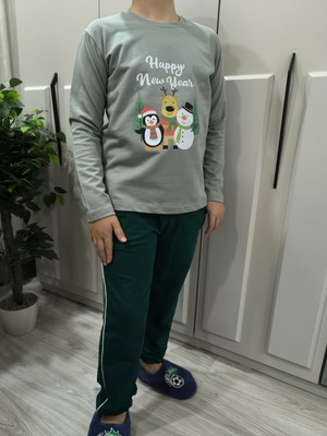 Pidal Giyim Yılbaşı Özel Happy New Year Baskılı Pamuklu Uzun Kollu Unisex Çocuk Eşofman Takımı