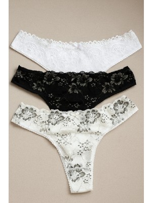 Kadın 3'lü Set Kadın Iç Giyim Pamuklu Tanga Dantelli Külot