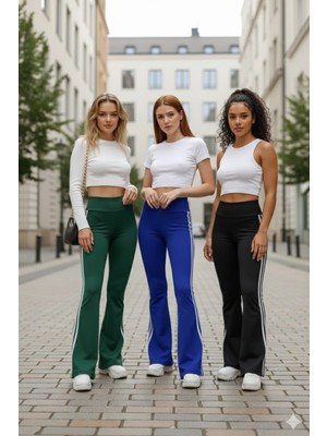 Pastelastore 3’lü Yüksek Bel Yan Şeritli Ispanyol Paça Kadın Tayt