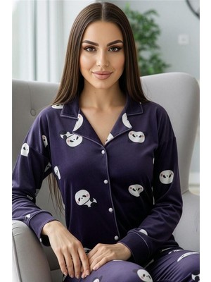 Pijama Evi Mor Pengiu Desenli Exclusive Önden Düğmeli Kadife Kadın Pijama Takımı