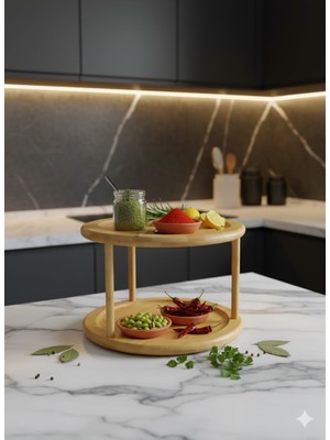 Tiran Iki Katlı Yuvarlak Lüx 360° Döner Tablalı Ahşap Bambu Sunum Tepsisi-Düzenleyici