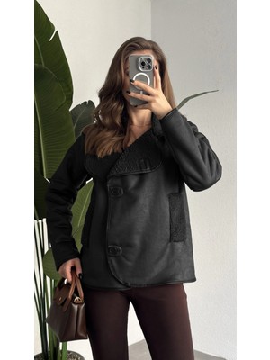 Asfa Moda Siyah Düğmeli Içi Yünlü Vintage Oversize Süet Ceket Mont