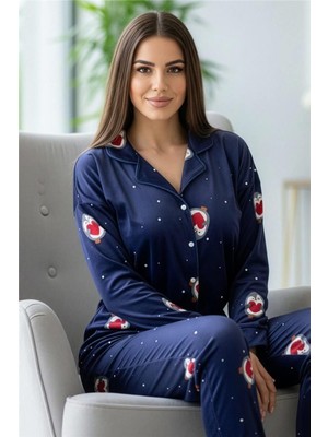 Pijama Evi Lacivert Nordic Desenli Exclusive Önden Düğmeli Kadife Kadın Pijama Takımı