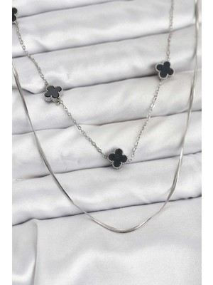 Callerrons Accessories Zincir Gümüş Renk Italyan Zincirli Siyah Yonca Model Kadın Kolye - EBJ251219W38809
