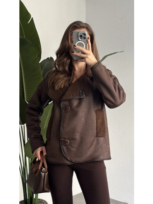 Asfa Moda Kahverengi Düğmeli Içi Yünlü Vintage Oversize Süet Ceket Mont