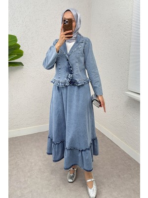 Nils Butik Fırfır Detaylı Beli Lastikli Denim Ikili Tesettür Takım