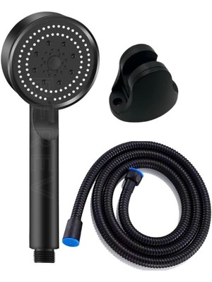 Wishora Store 5 Fonksiyonlu Yüksek Basınçlı Duş Başlığı Mafsalı 150 cm Hortum Siyah Duş Seti