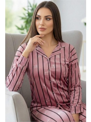 Pembe Lineo Desenli Exclusive Önden Düğmeli Kadife Kadın Pijama Takımı