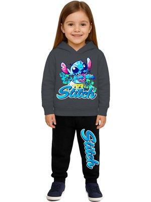 Sedirli Stich Baskılı Çocuk Eşofman Takımı 3 Iplik Şardonlu Pamuklu Kumaş Kapüşonlu