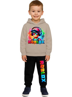 Sedirli Roblox Baskılı Çocuk Eşofman Takımı 3 Iplik Şardonlu Pamuklu Kumaş Kapüşonlu