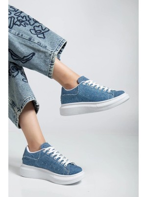 Erceka Günlük Sneaker Kadın Spor Ayakkabı Bağcıklı Siyah Beyaz Mavi Kot Kutulu Kaydırmaz Taban