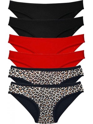 Marsilyan 6 Adet Özel Set Likralı Yumuşak Dokulu Kadın Slip Külot Leopar Siyah Kırmızı